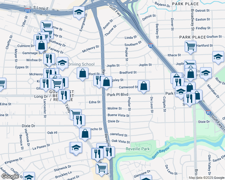 map of restaurants, bars, coffee shops, grocery stores, and more near 7607 Camwood Street in Houston