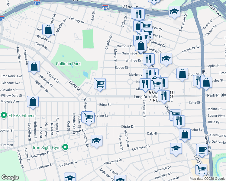 map of restaurants, bars, coffee shops, grocery stores, and more near 7103 Gillen Street in Houston