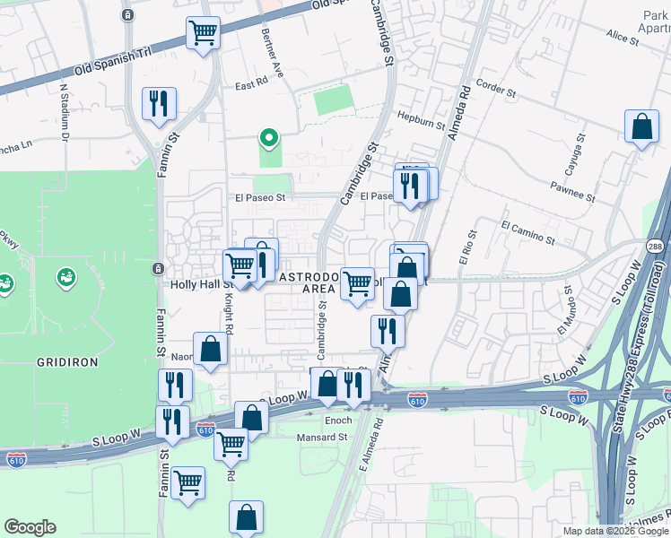 map of restaurants, bars, coffee shops, grocery stores, and more near 8282 Cambridge Street in Houston