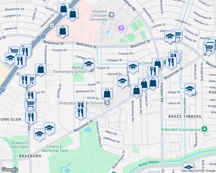 map of restaurants, bars, coffee shops, grocery stores, and more near 7422 Grape Street in Houston