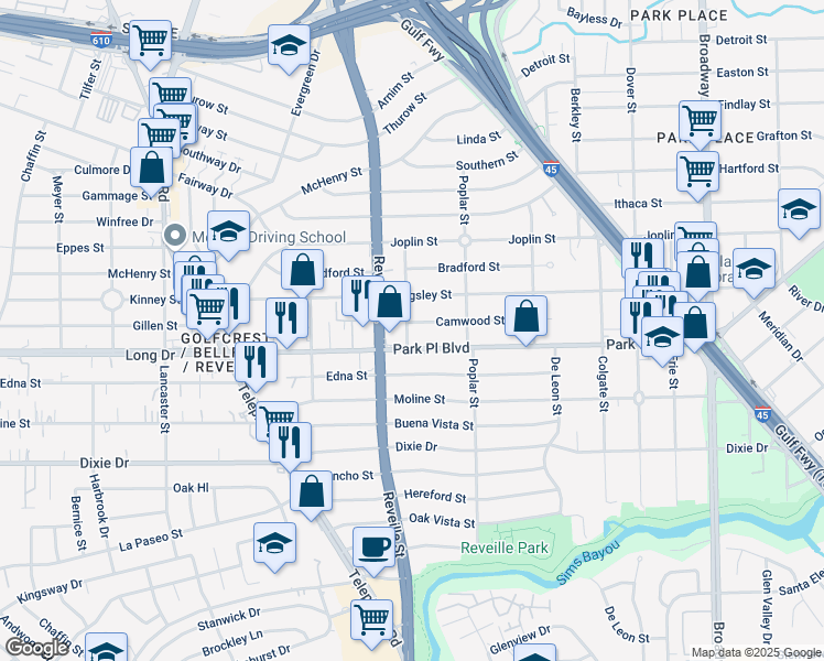 map of restaurants, bars, coffee shops, grocery stores, and more near 7607 Camwood Street in Houston
