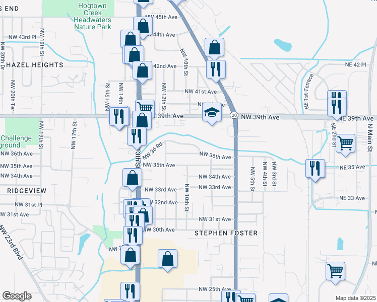 map of restaurants, bars, coffee shops, grocery stores, and more near 930-1010 Northwest 36 Road in Gainesville