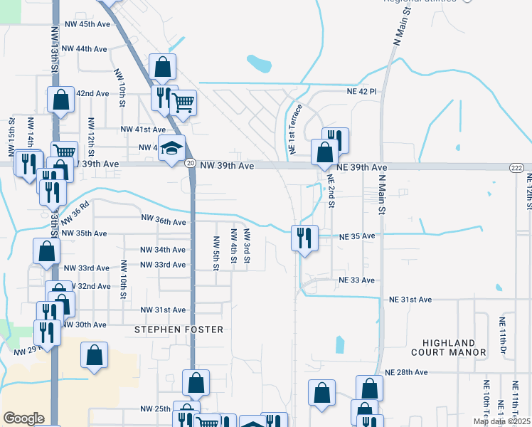 map of restaurants, bars, coffee shops, grocery stores, and more near 405 Northwest 39th Avenue in Gainesville
