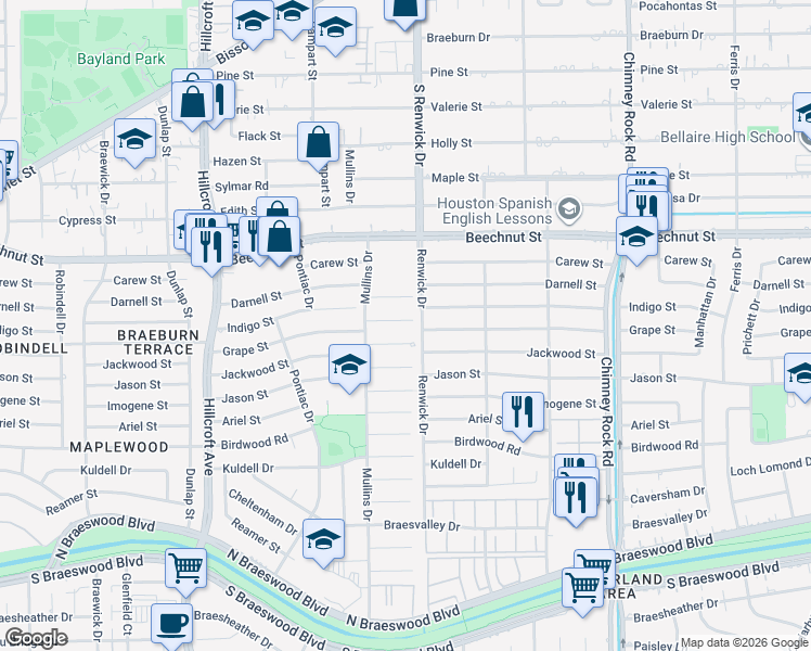 map of restaurants, bars, coffee shops, grocery stores, and more near 5518 Indigo Street in Houston