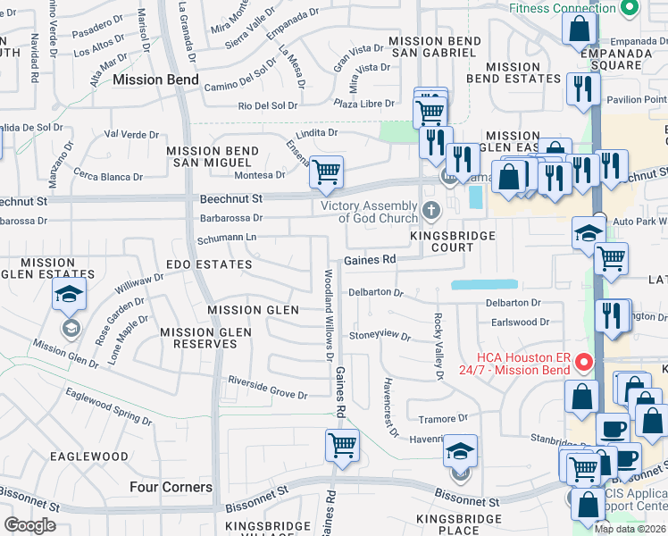 map of restaurants, bars, coffee shops, grocery stores, and more near 8227 Woodland Willows Drive in Houston