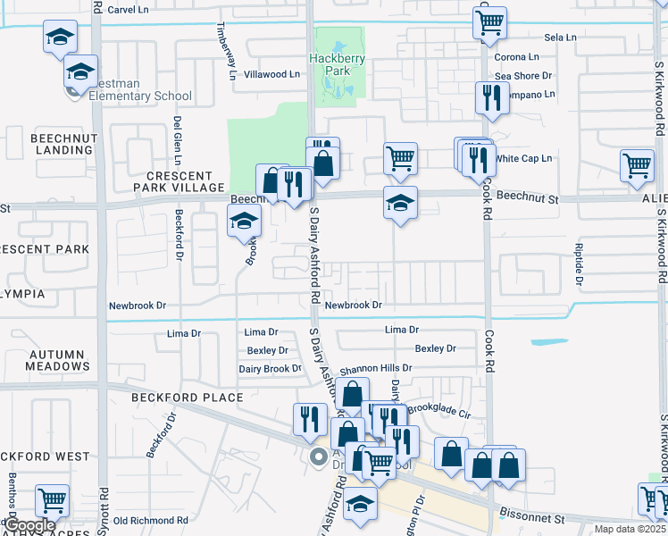 map of restaurants, bars, coffee shops, grocery stores, and more near 12546 Wellington Park Drive in Houston