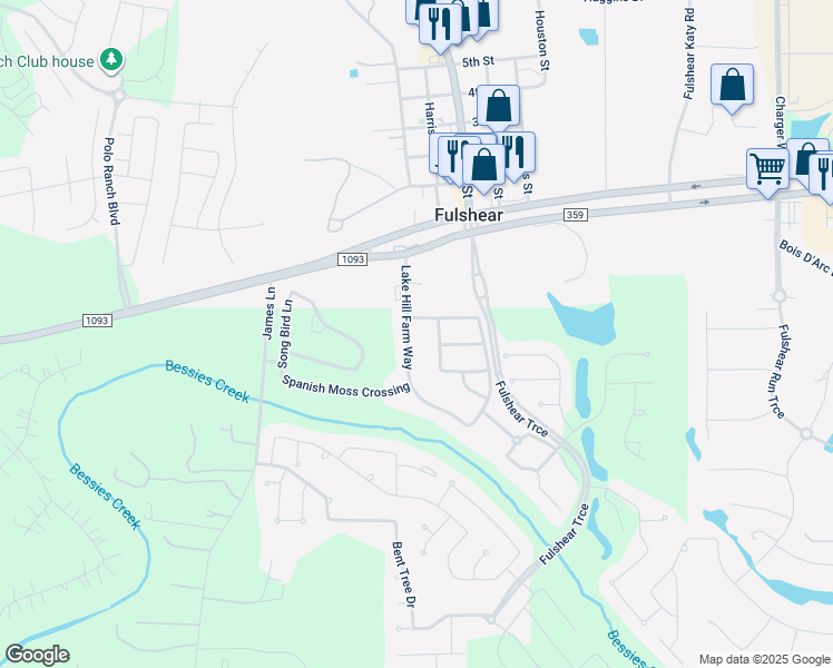 map of restaurants, bars, coffee shops, grocery stores, and more near 5422 Lake Hill Farm Way in Fulshear