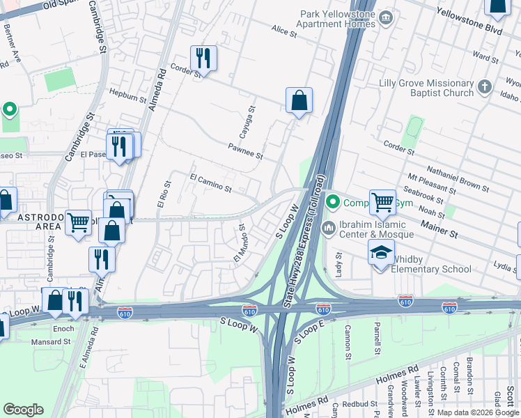 map of restaurants, bars, coffee shops, grocery stores, and more near 3114 Holly Hall Street in Houston