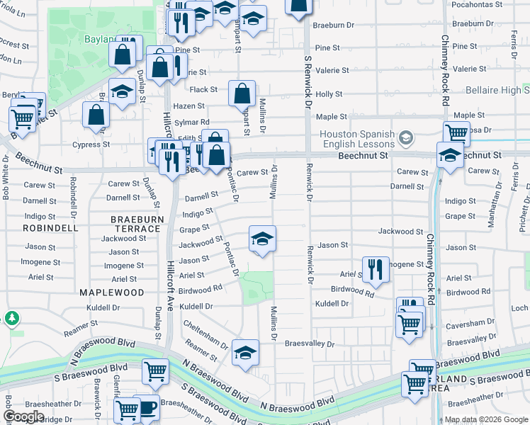 map of restaurants, bars, coffee shops, grocery stores, and more near 5607 Indigo Street in Houston