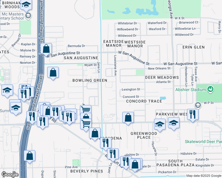 map of restaurants, bars, coffee shops, grocery stores, and more near 1910 Weeping Oaks in Deer Park