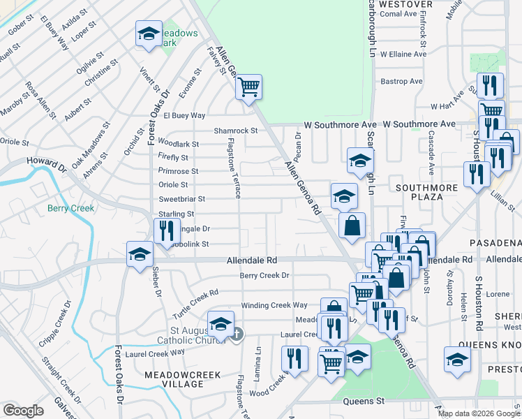 map of restaurants, bars, coffee shops, grocery stores, and more near 5626 Sweetbriar Street in Houston