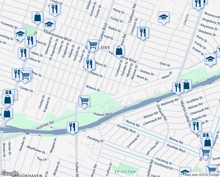 map of restaurants, bars, coffee shops, grocery stores, and more near 6915 Liverpool Street in Houston