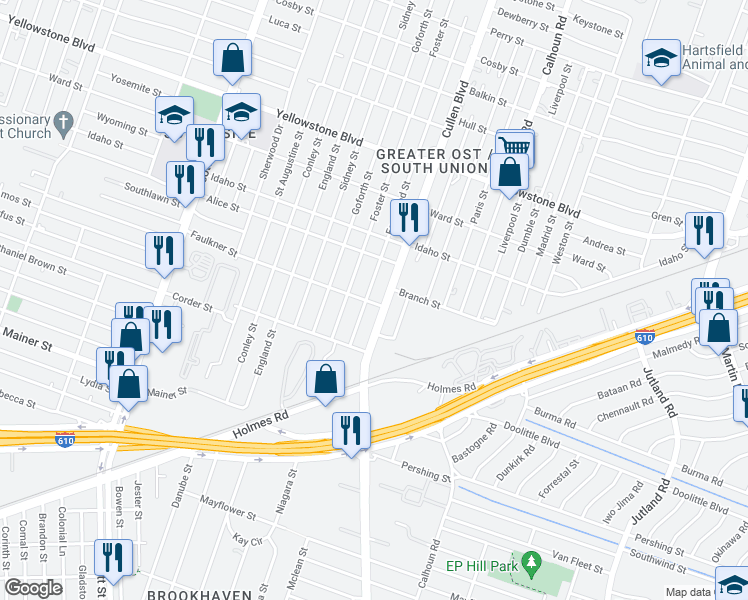 map of restaurants, bars, coffee shops, grocery stores, and more near 7020 Cullen Boulevard in Houston