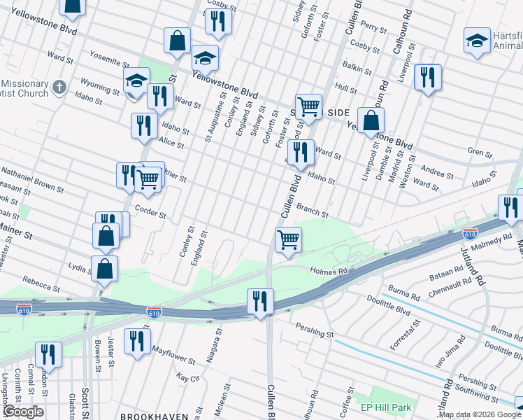 map of restaurants, bars, coffee shops, grocery stores, and more near 7031 Foster Street in Houston
