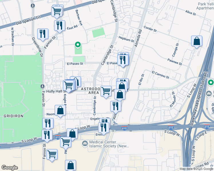 map of restaurants, bars, coffee shops, grocery stores, and more near 2425 Holly Hall Street in Houston
