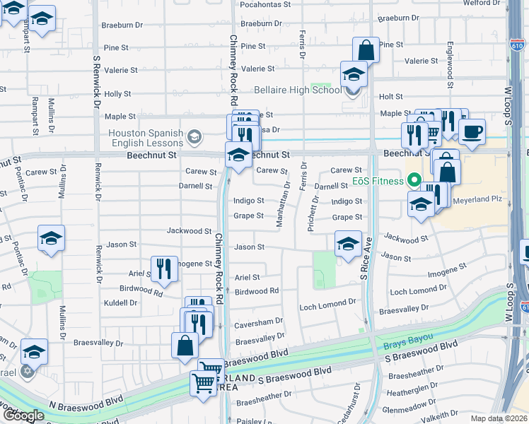 map of restaurants, bars, coffee shops, grocery stores, and more near 5227 Indigo Street in Houston