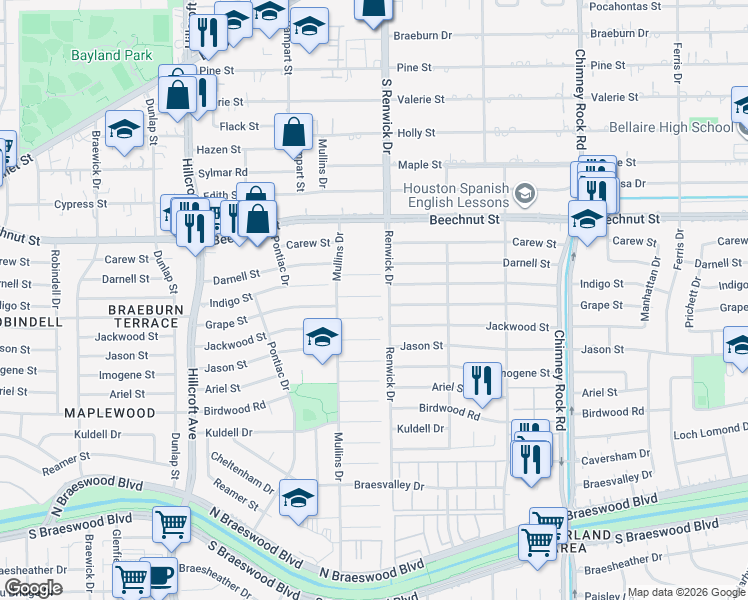 map of restaurants, bars, coffee shops, grocery stores, and more near 5518 Indigo Street in Houston