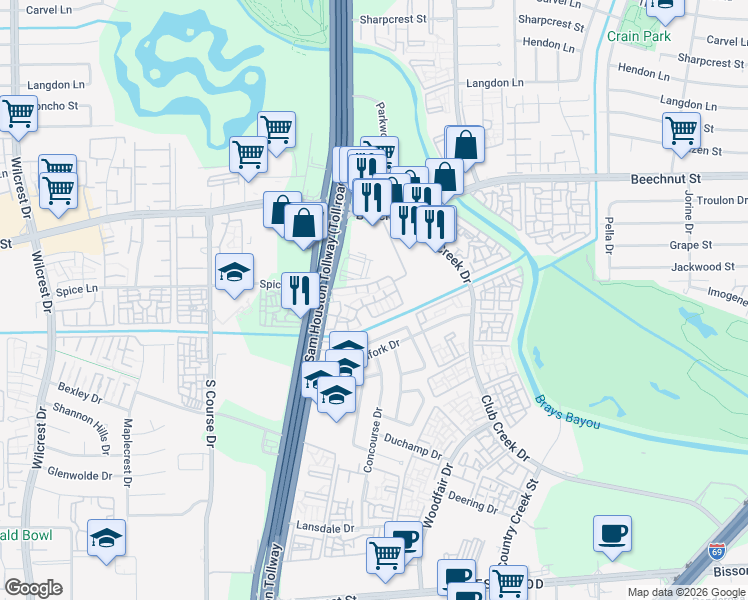 map of restaurants, bars, coffee shops, grocery stores, and more near 8491 Texas 8 Beltway in Houston