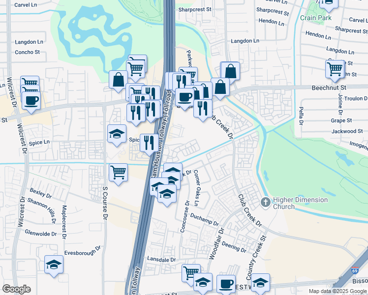 map of restaurants, bars, coffee shops, grocery stores, and more near 8491 Texas 8 Beltway in Houston