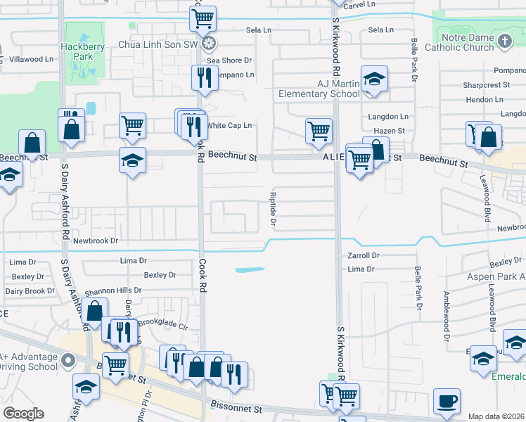 map of restaurants, bars, coffee shops, grocery stores, and more near 12106 Barrett Brae Drive in Houston