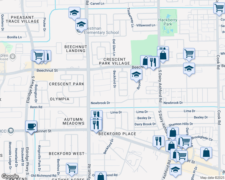 map of restaurants, bars, coffee shops, grocery stores, and more near 13003 Dawn Hollow Lane in Houston