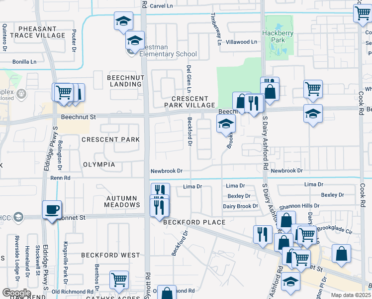 map of restaurants, bars, coffee shops, grocery stores, and more near 13003 Dawn Hollow Lane in Houston