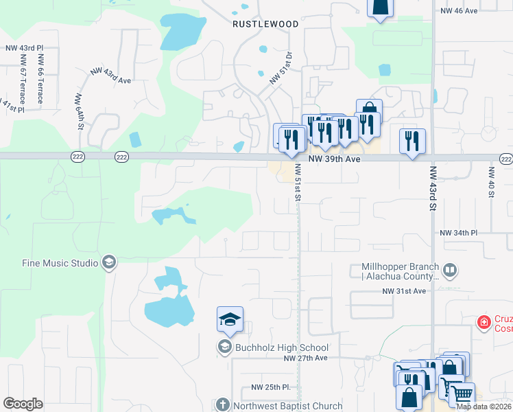 map of restaurants, bars, coffee shops, grocery stores, and more near 3613 Northwest 53rd Terrace in Gainesville