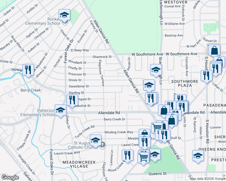 map of restaurants, bars, coffee shops, grocery stores, and more near 5626 Sweetbriar Street in Houston