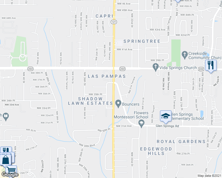 map of restaurants, bars, coffee shops, grocery stores, and more near 3650 Northwest 34th Street in Gainesville