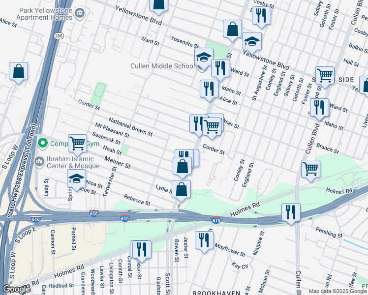 map of restaurants, bars, coffee shops, grocery stores, and more near 7210 Scott Street in Houston