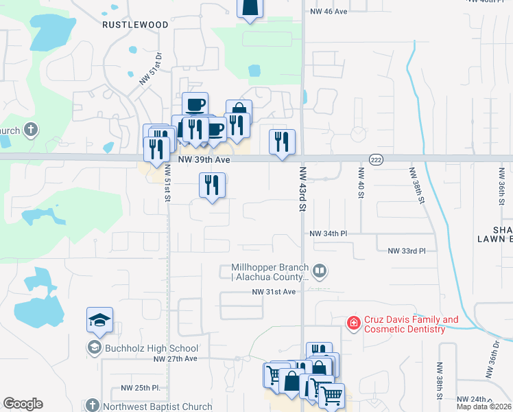 map of restaurants, bars, coffee shops, grocery stores, and more near 4545 Northwest 36th Avenue in Gainesville