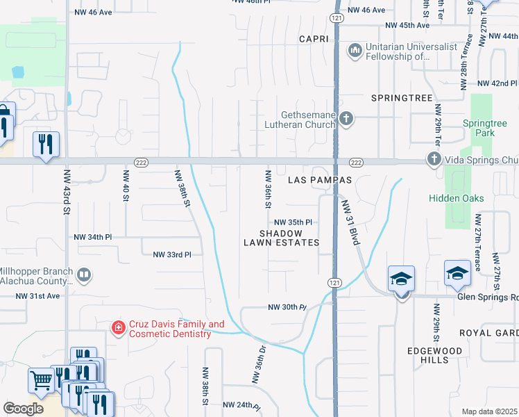 map of restaurants, bars, coffee shops, grocery stores, and more near 3600 Northwest 36 Street in Gainesville
