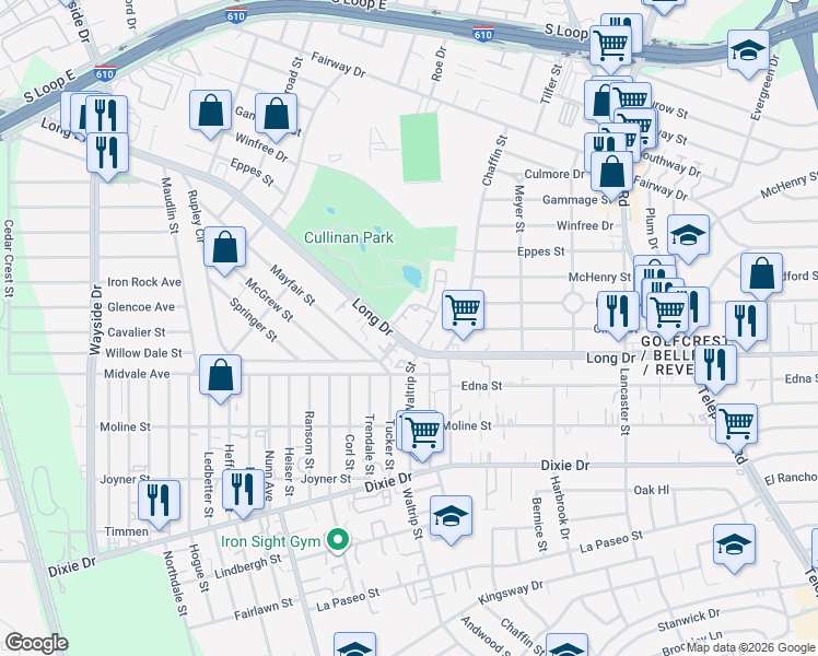 map of restaurants, bars, coffee shops, grocery stores, and more near 6767 Long Drive in Houston