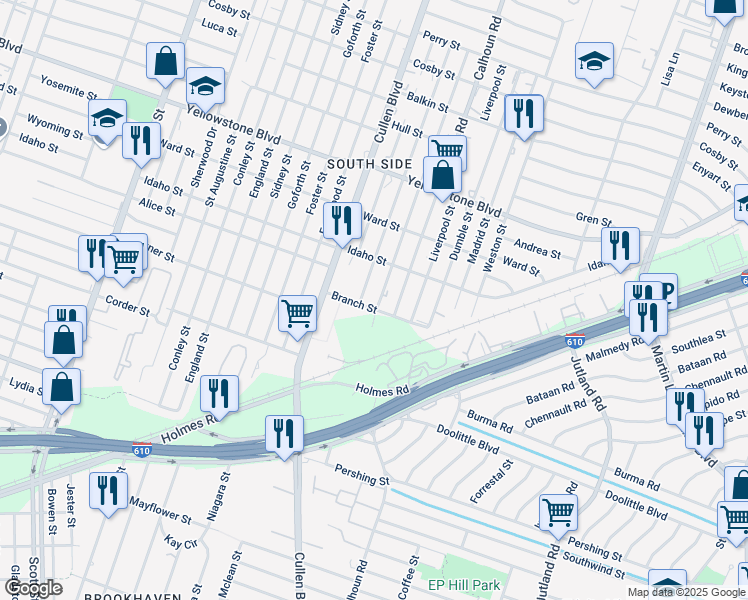map of restaurants, bars, coffee shops, grocery stores, and more near 6923 Paris Street in Houston