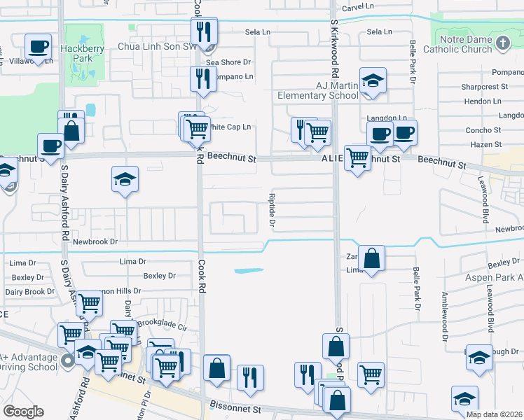 map of restaurants, bars, coffee shops, grocery stores, and more near 12106 Barrett Brae Drive in Houston
