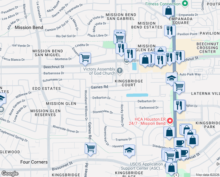 map of restaurants, bars, coffee shops, grocery stores, and more near 15123 Loma Paseo Drive in Houston