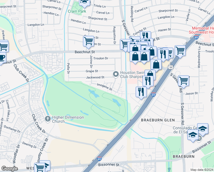 map of restaurants, bars, coffee shops, grocery stores, and more near 9102 Imogene Street in Houston