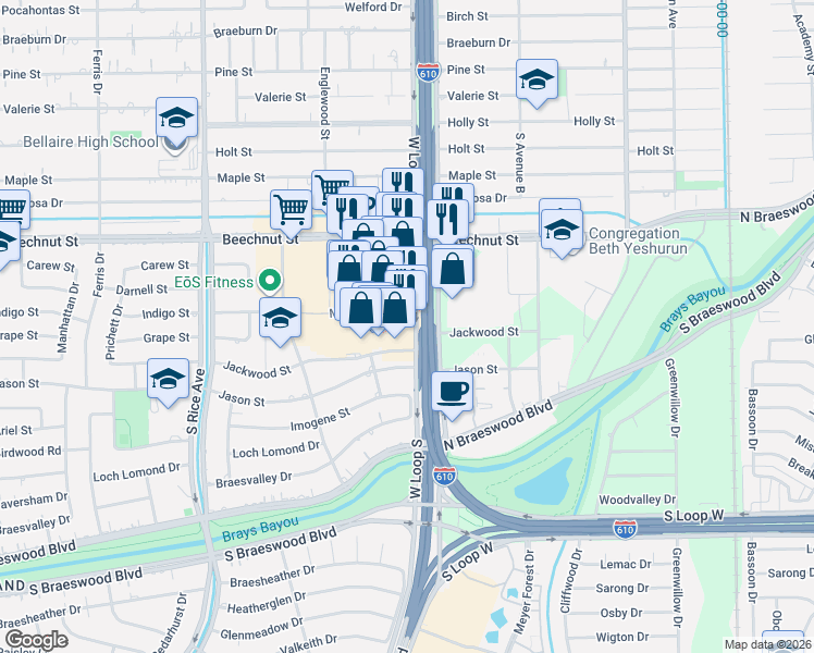 map of restaurants, bars, coffee shops, grocery stores, and more near 520 Meyerland Plaza in Houston