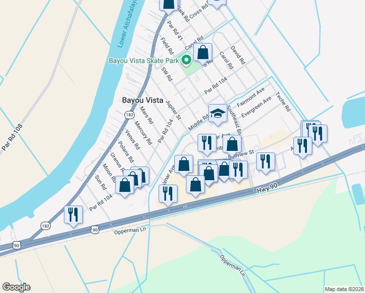 map of restaurants, bars, coffee shops, grocery stores, and more near 101 Circle Drive in Morgan City