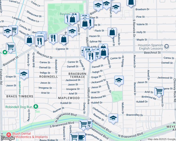 map of restaurants, bars, coffee shops, grocery stores, and more near 8510 Hillcroft Street in Houston
