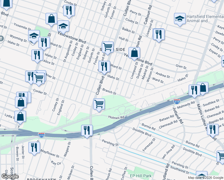 map of restaurants, bars, coffee shops, grocery stores, and more near 6924 New York Street in Houston