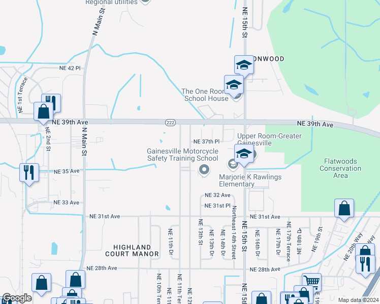 map of restaurants, bars, coffee shops, grocery stores, and more near 3501 Northeast 12th Street in Gainesville