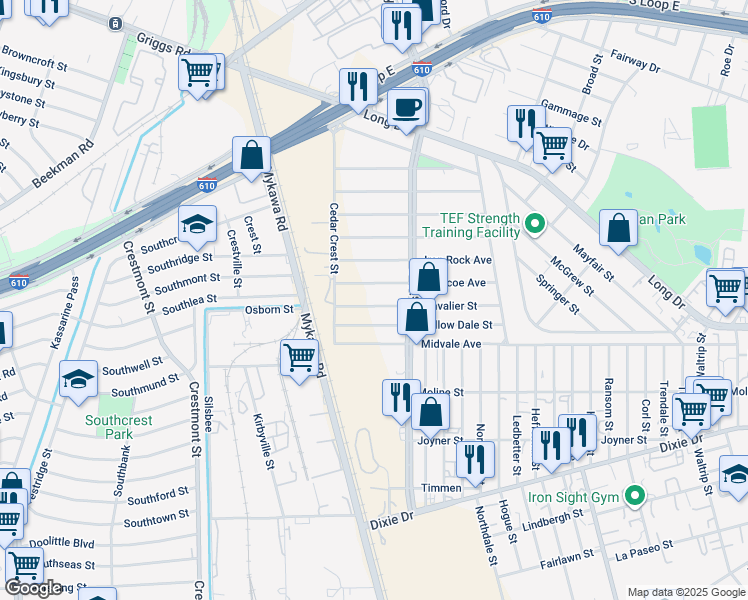 map of restaurants, bars, coffee shops, grocery stores, and more near 6118 Glencoe Avenue in Houston