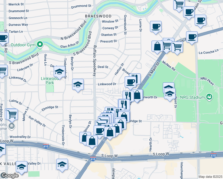 map of restaurants, bars, coffee shops, grocery stores, and more near 3000 Murworth Drive in Houston