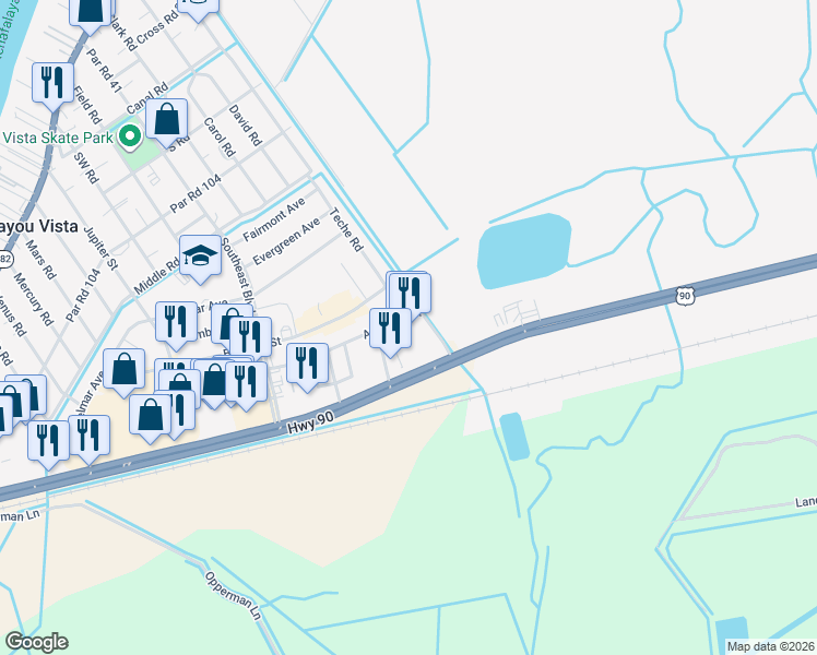 map of restaurants, bars, coffee shops, grocery stores, and more near 733 Arlington Street in Morgan City
