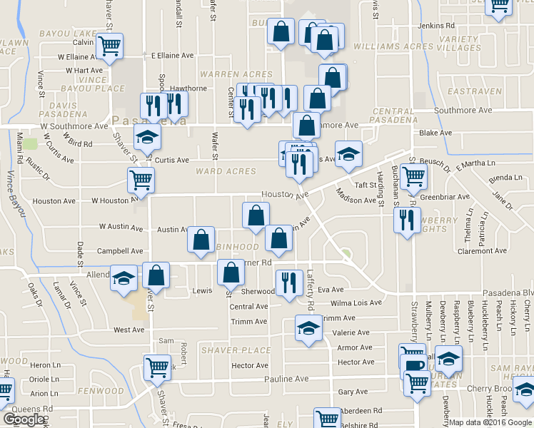 map of restaurants, bars, coffee shops, grocery stores, and more near 902 Houston Avenue in Pasadena