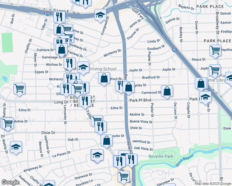 map of restaurants, bars, coffee shops, grocery stores, and more near 7525 Park Place Boulevard in Houston
