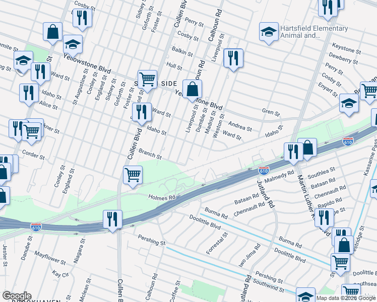 map of restaurants, bars, coffee shops, grocery stores, and more near 6915 Liverpool Street in Houston