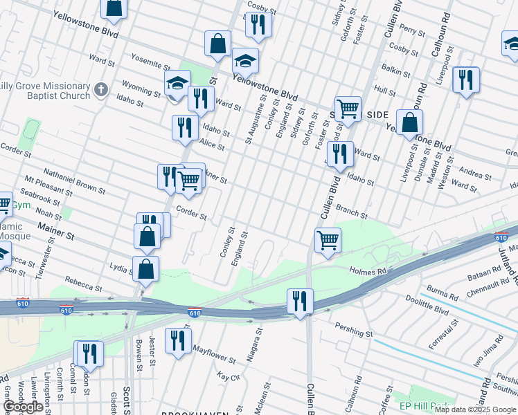 map of restaurants, bars, coffee shops, grocery stores, and more near 7108 England Street in Houston