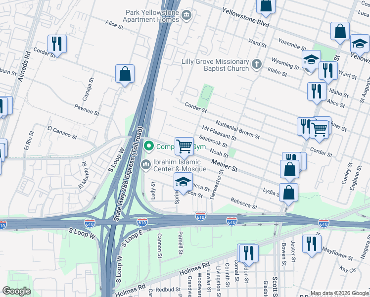 map of restaurants, bars, coffee shops, grocery stores, and more near 7505 Springhill Street in Houston